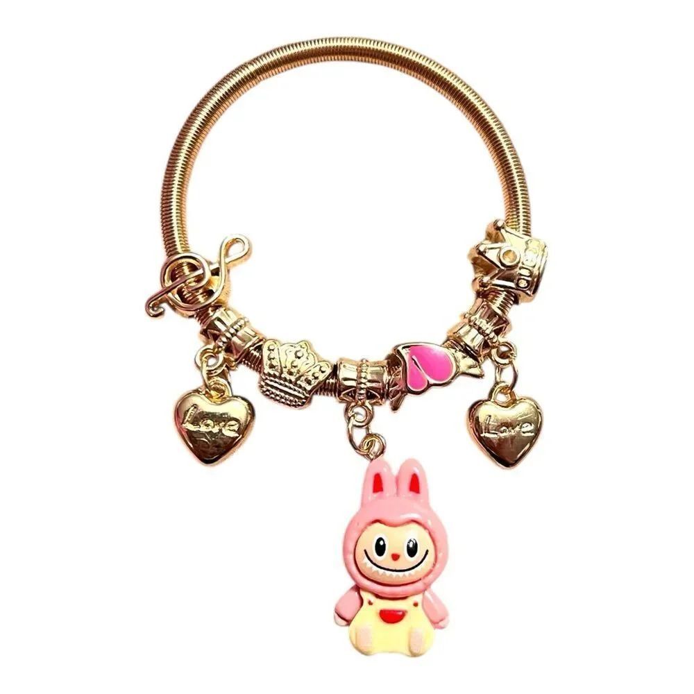 🤯5/$25🤯 Stretchy Pink Labubu Love Heart Crown Note Gold Child’s Charm Bracelet